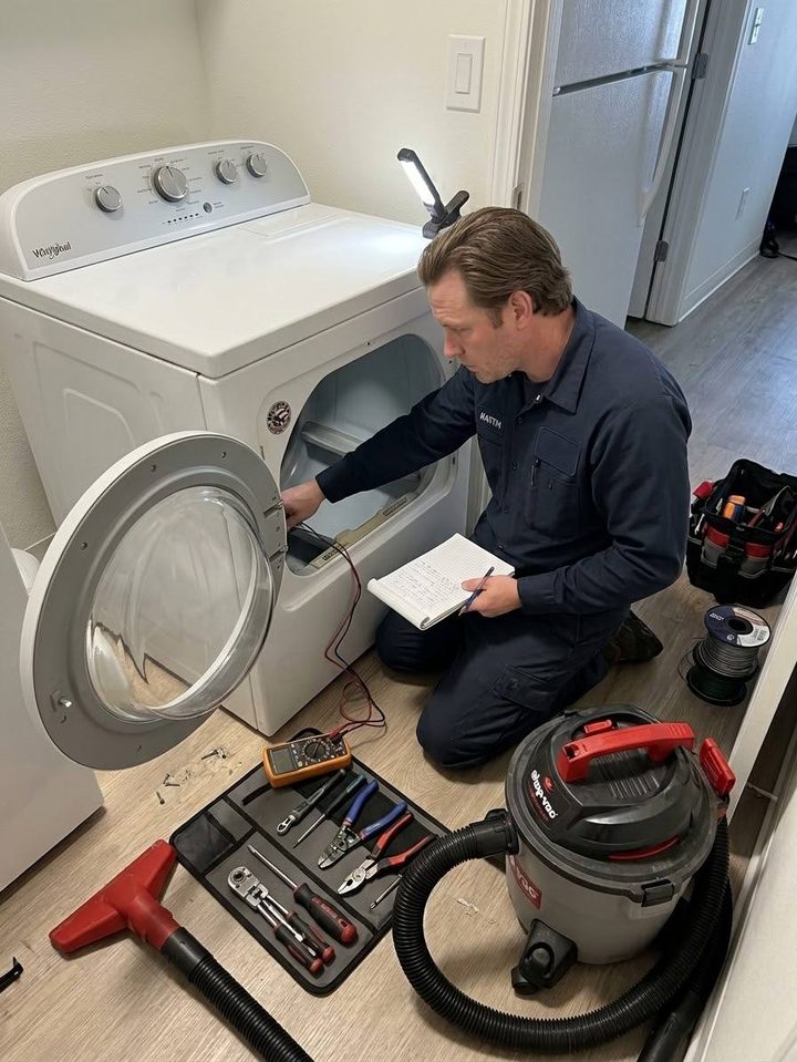Dryer diagnosis by meter and notebook — drum open